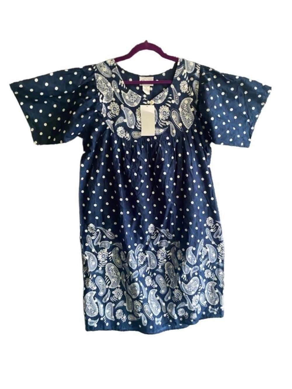 Essentials Navy and White Polka Dot and Paisley Print Cotton House Dress